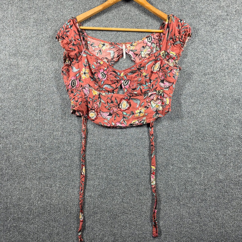 Free People Top Womens Small Give Me More Floral Puff Sleeve Cropped Blouse Rust
